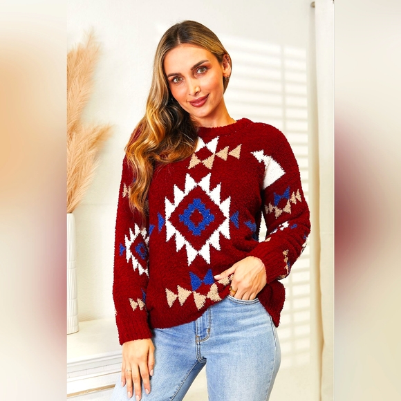 HEYSON Designer Wine Color Full Size Aztec Soft Plush Fuzzy Sweater - Picture 1 of 10
